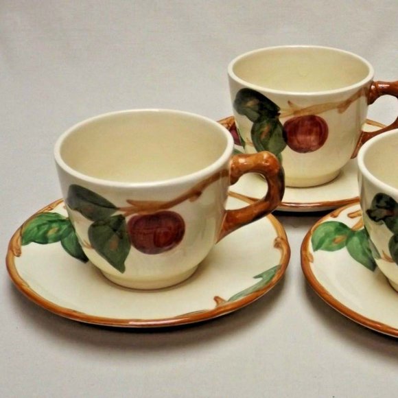 Franciscan Set of 3 Hand Painted Apple Flat Cups & Saucers Made in the USA - Picture 2 of 14